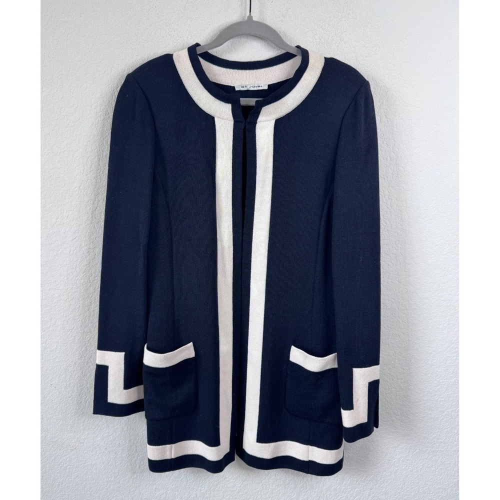 St. John Santana Knit Cardigan Sz M* Black White Trim Open Front Pockets Preppy